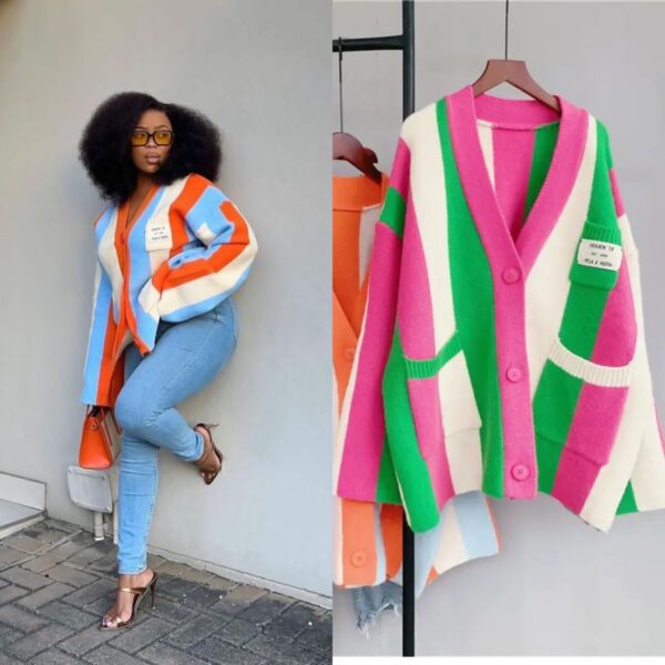 Long Sleeve Cable Knitted Colour Block Striped Sweater for Women long sleeve cable knitted colour block striped sweater for women