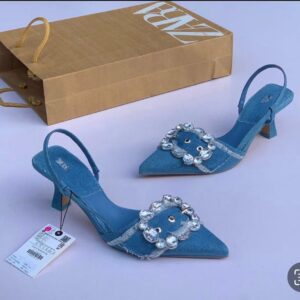 pointed toe crystal embellished jean heels