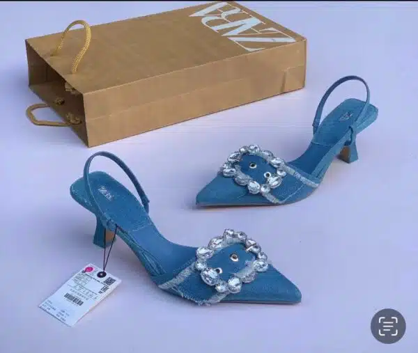 pointed toe crystal embellished jean heels