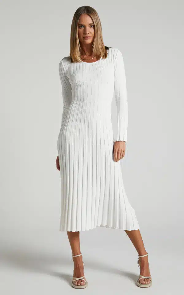 blaire long sleeve knit flare midi dress in ivory 1