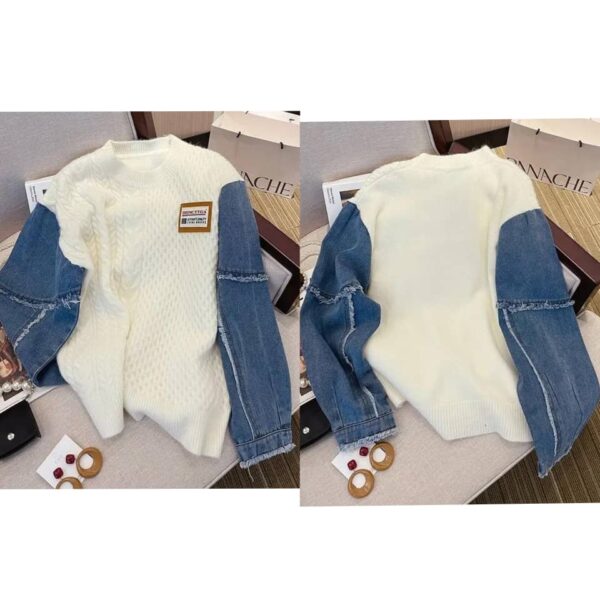 casual denim patchwork knitted pullover for women