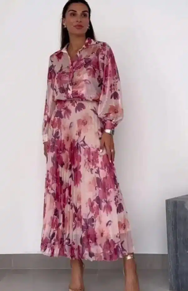 floral print shirt with pleated skirt set