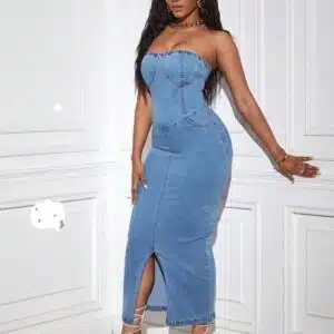 strapless bodycon slit denim dress