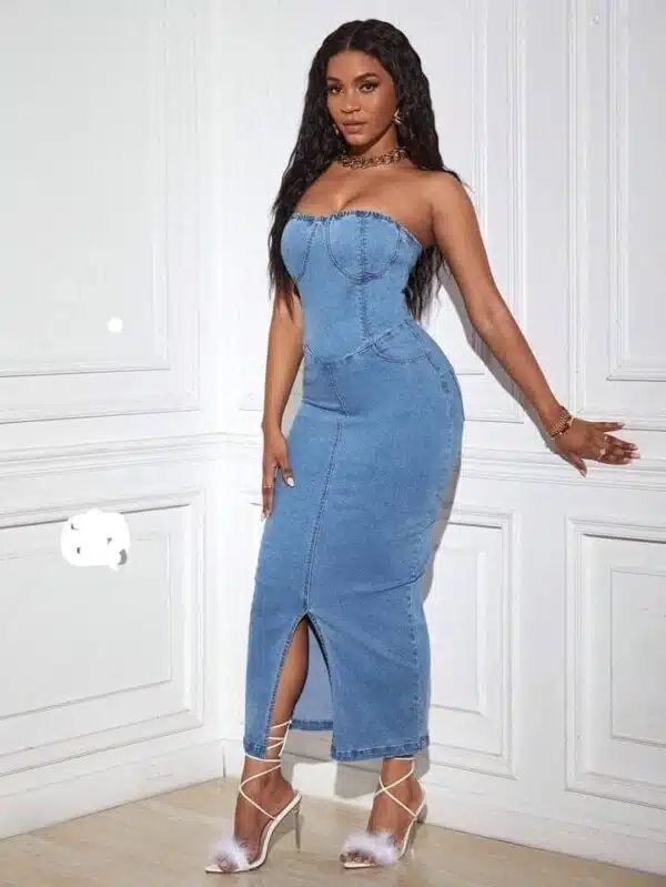 strapless bodycon slit denim dress