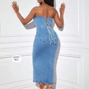 strapless bodycon slit denim dress