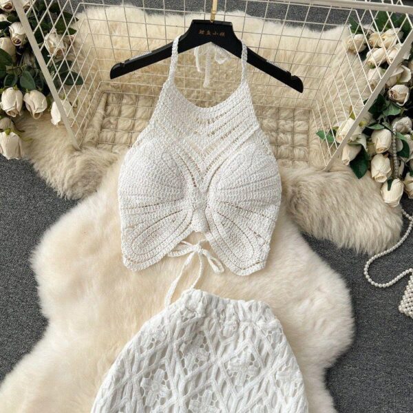 knitted crop top and long skirt beach set