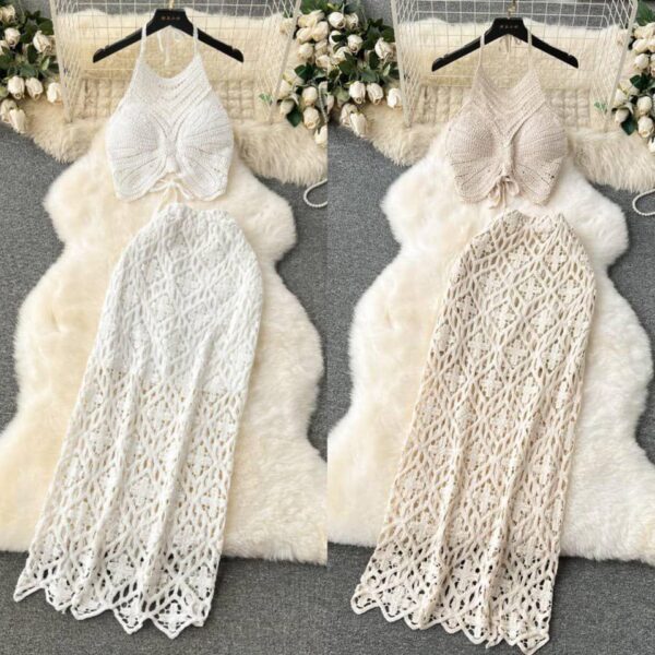 knitted crop top and long skirt beach set