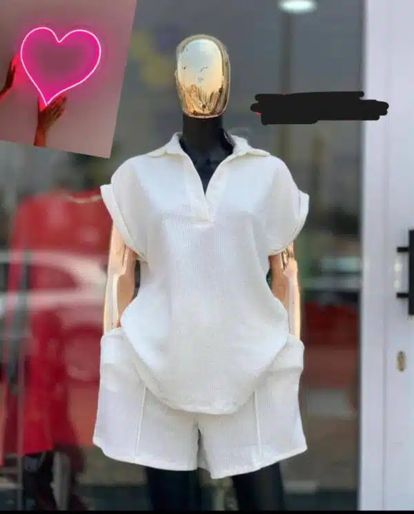 collared v-neck t-shirt and short set