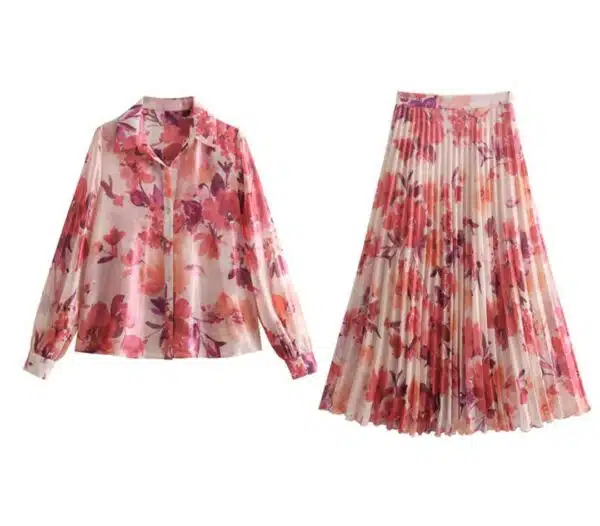 floral print shirt with pleated skirt set