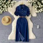 Short Sleeve Slit Denim Midi Dress