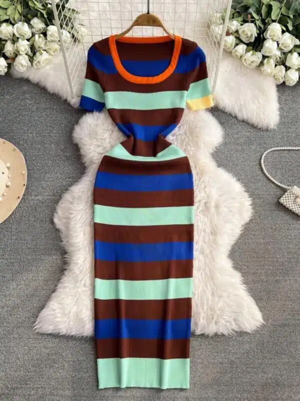 ribbed stripe colorblock bodycon maxi dress