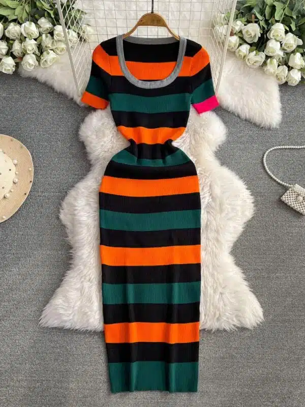 ribbed stripe colorblock bodycon maxi dress