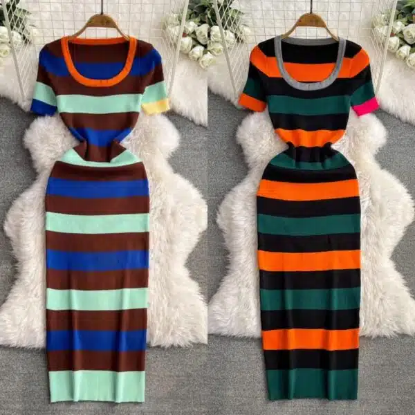 ribbed stripe colorblock bodycon maxi dress