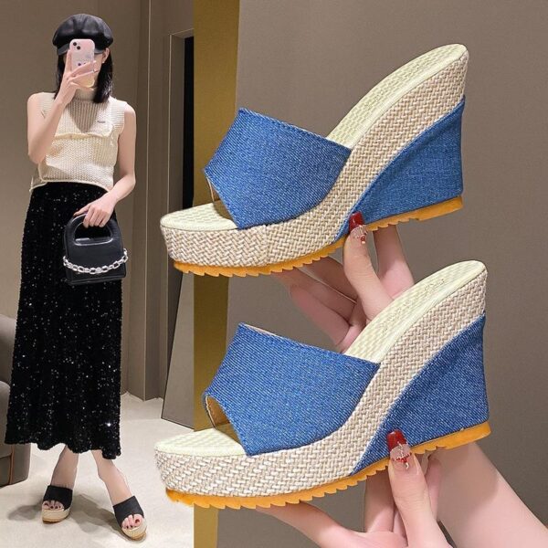 women denim wedge heeled sandals