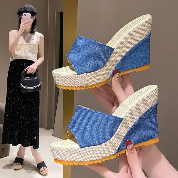 women denim wedge heeled sandals