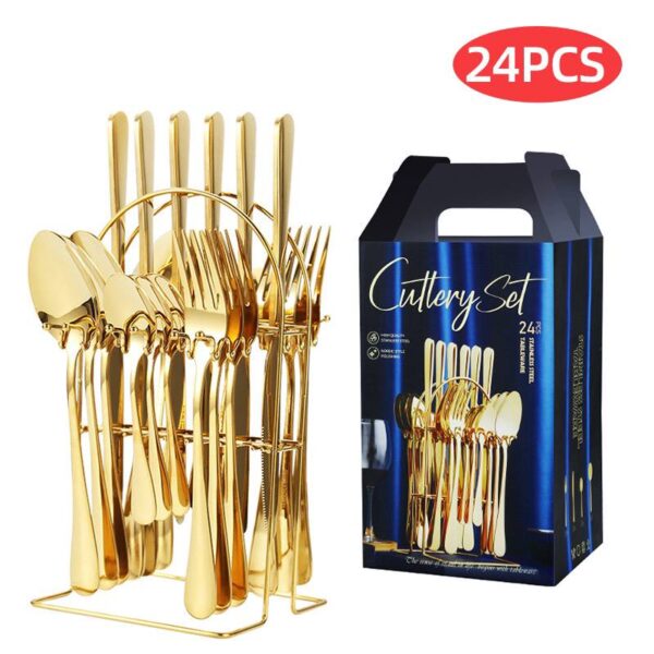 24pcs gold flatware cutlery set with rack