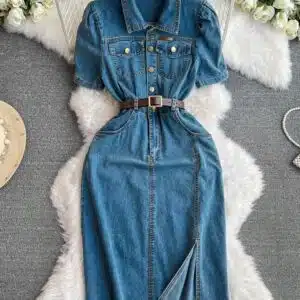 Women Long Slit Denim Midi Dress