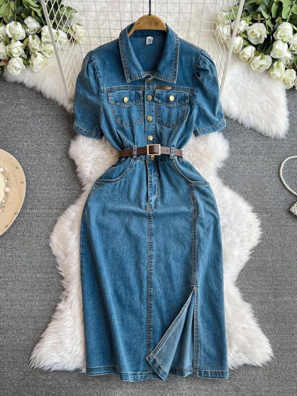 women long slit denim midi dress