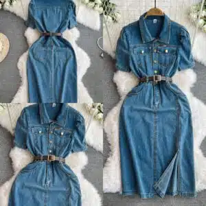 Women Long Slit Denim Midi Dress