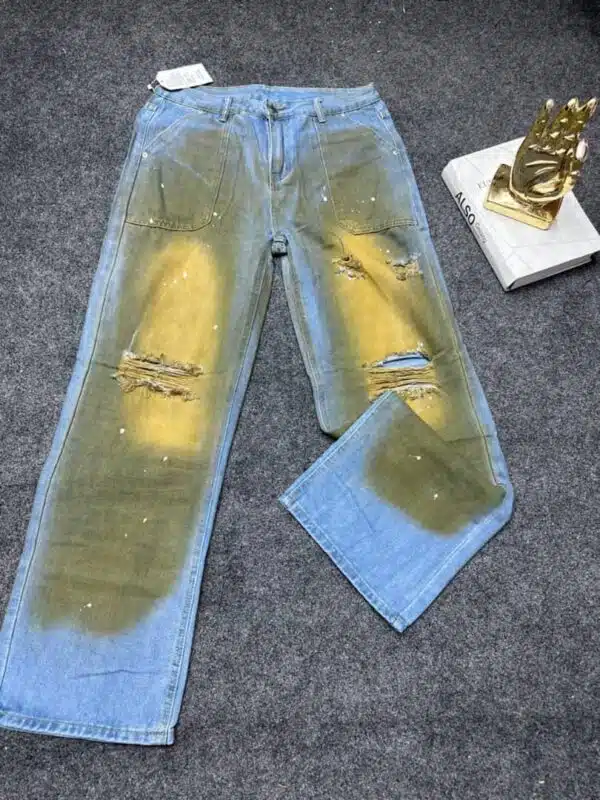 ripped paint spatter distressed wide leg denim