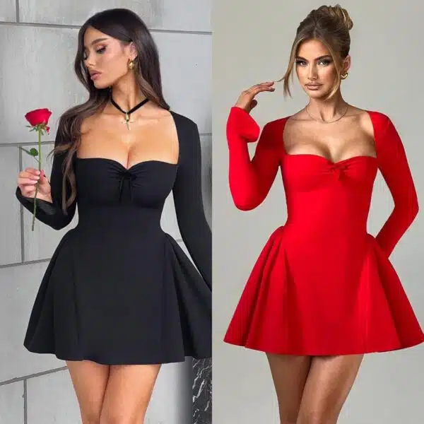long sleeve square neck mini flare dress