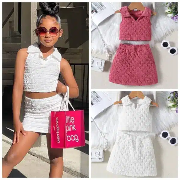 little girl's crop top and short skirt set