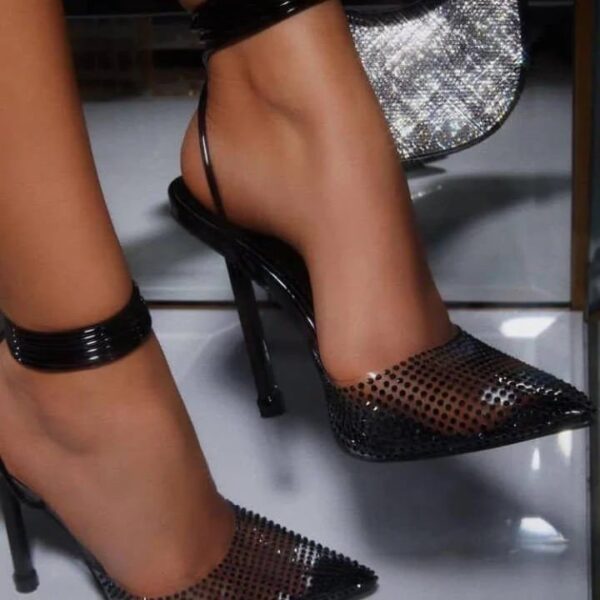 pink pointed toe rhinestone pumps wrap heel classic transparent shoes