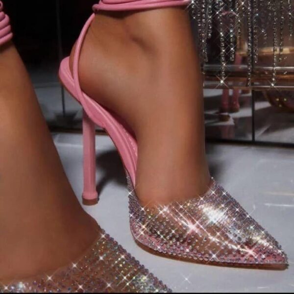 pink pointed toe rhinestone pumps wrap heel classic transparent shoes