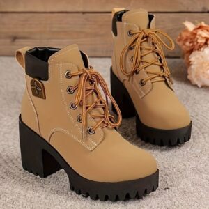 Women Lace Up Lug Sole Chunky Heel Boots