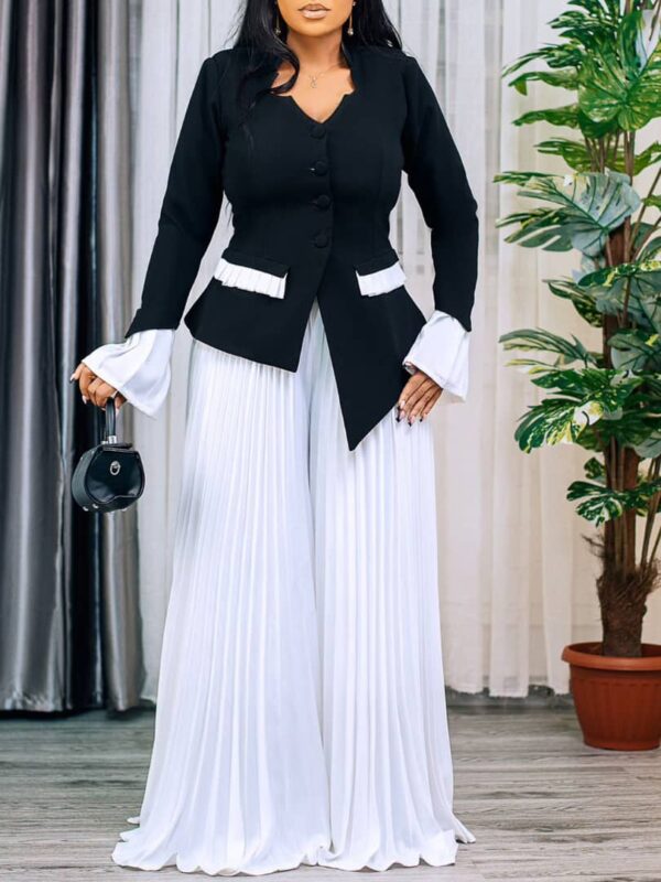 women flared sleeves pleated wide leg pants set