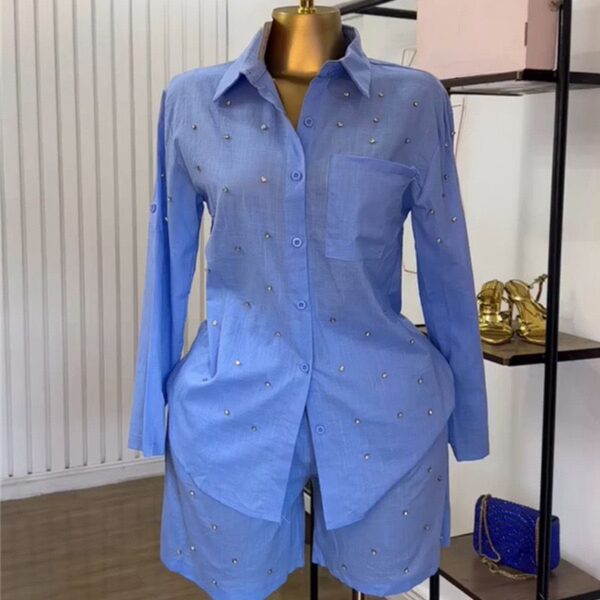 lapel beaded long sleeve shirt and short set