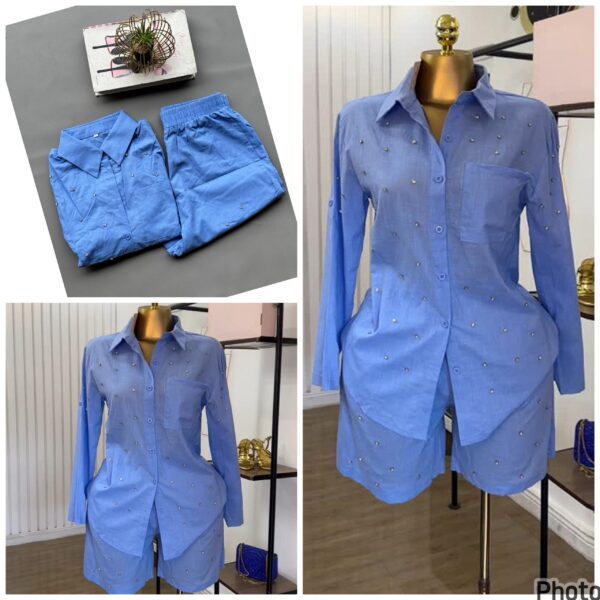 lapel beaded long sleeve shirt and short set