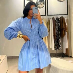 women striped mini shirt dress