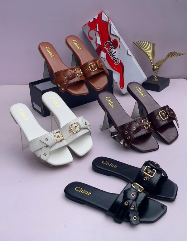 ladies buckle leather slippers