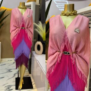 v-neck color block fringe layered dresses