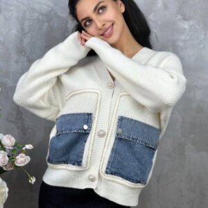 women knit cardigan with denim pockets