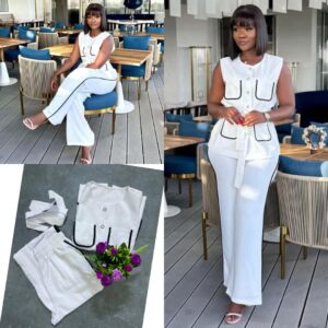 women's white sleeveless shirt and pant suit