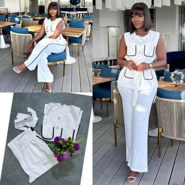 women's white sleeveless shirt and pant suit