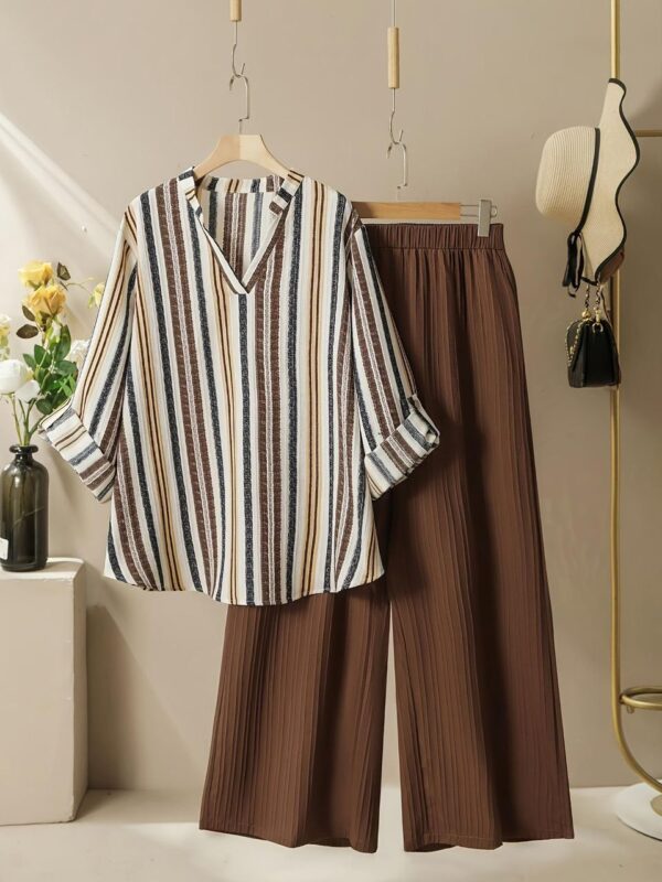 colorful stripe print shirt and wide leg pants