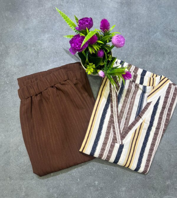 colorful stripe print shirt and wide leg pants