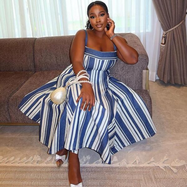 fashion strap striped flared dress