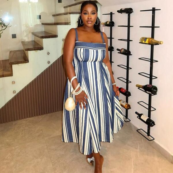 fashion strap striped flared dress