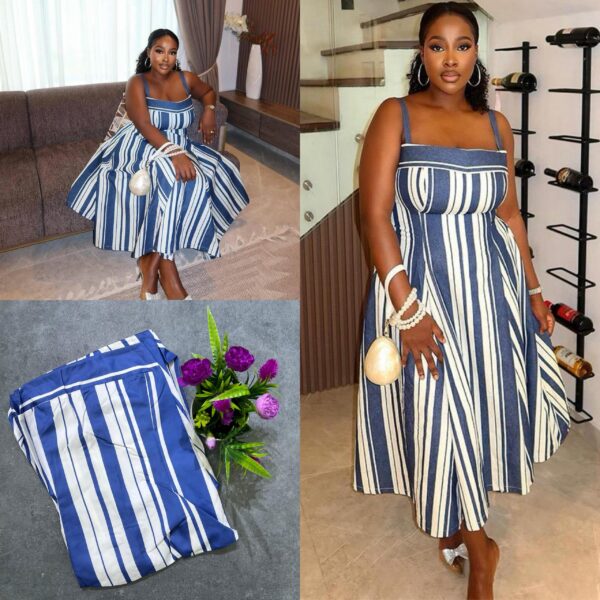 fashion strap striped flared dress