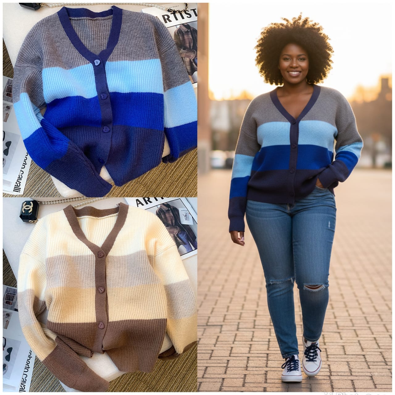 Ladies Color Block Button Front Cardigan