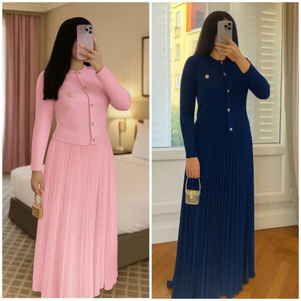 women's long sleeve sweater and pleated skirt set