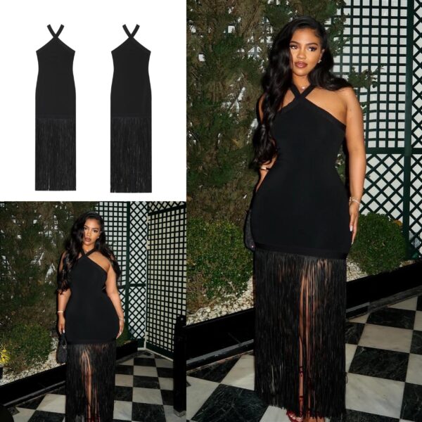 women stretch long fringe dress