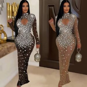 women beaded crystals long sleeve dress
