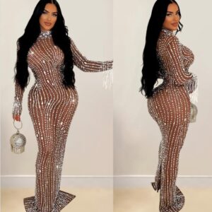 women sheer mesh long sleeve rhinestone dress