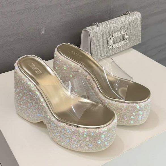 Ladies Sequin PVC Platform Wedge Slippers ladies sequin pvc platform wedge slippers