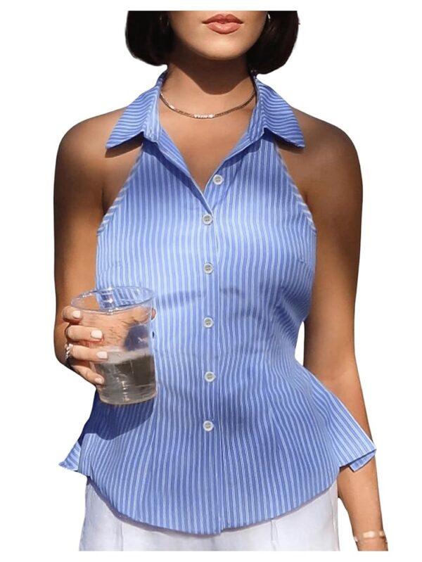 striped sleeveless halter neck backless tie shirt